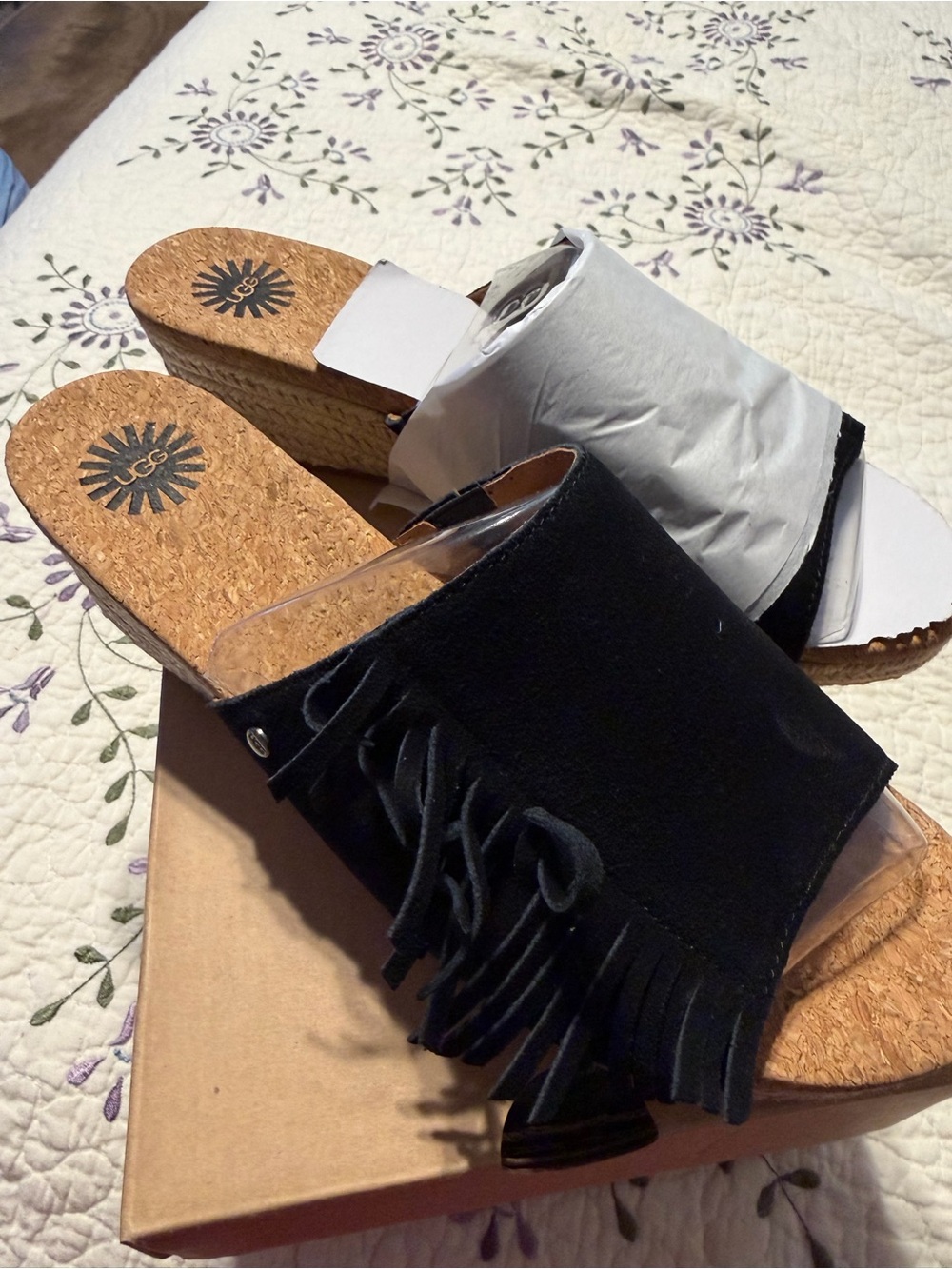 UGG Black Fringe Cork Wedge Slide